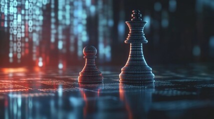 Abstract digital chessboard featuring a king piece crafted from binary code symbolizing data flow