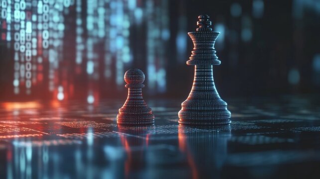 Abstract digital chessboard featuring a king piece crafted from binary code symbolizing data flow