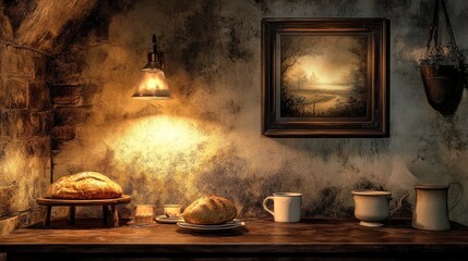 Rustic kitchen, bread, evening, painting, cozy, still life, food photography, website