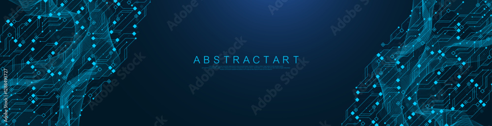 Aufkleber Artificial Intelligence or machine learning vector design. Quantum computer technology concept with circuit board and motherboard texture background design. Waves flow quantum explosion