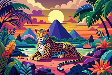 Vibrant Jungle Scene with Leopard and Tropical Landscape