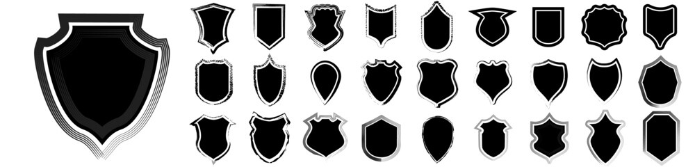 Hand drawn frame shields policeman badge set vector. Illustration of security black labels. Shield blank emblems, military shields silhouettes. 