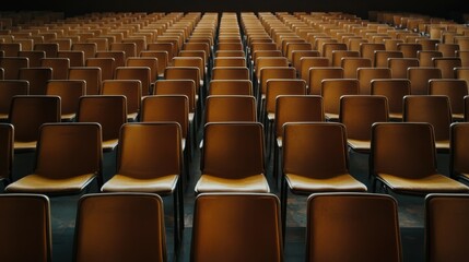 Naklejka premium A spacious conference hall with rows of empty chairs, ready for an event or presentation.