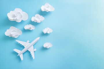 Paper Airplane Soaring Above Clouds on a Pastel Blue Background