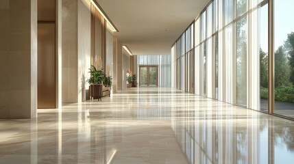 Fototapeta premium A spacious, elegantly lit hallway with large windows and polished marble floors.