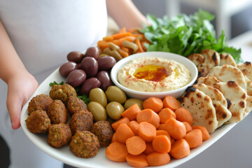 Chef is holding a platter loaded with delicious Mediterranean food, including hummus, falafel, olives, baby carrots, pita bread and fresh parsley