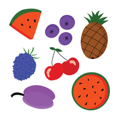 Colorful illustration of fruits including watermelon, pineapple, berries, and plums.