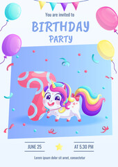 Invitations to a children's birthday party with a cute unicorn. 7th anniversary party, birthday, celebration, congratulations, invitation concept. Vector illustration.