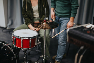 Musicians Practicing Together in a Studio with Drums and Cymbals