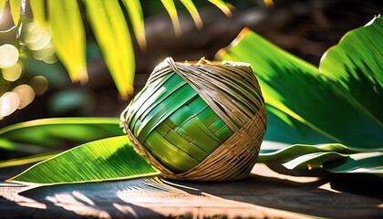 Original and authentic photo of sunlight shining softly on traditional Indonesian ketupat made from coconut leaves. Made during Ramadan to welcome Eid al-Fitr