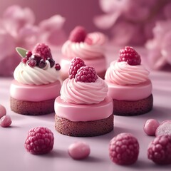 Premium and Artisanal Pastries Delicious pink raspberry desserts displayed elegantly.
