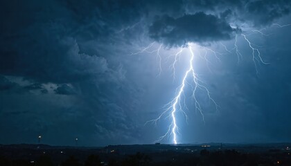 Dramatic strikes dark sky. Lightning flashes over city silhouette. Stormy weather with power electricity, danger. Night thunderstorm with intense energy, climate change and meteorology themes.
