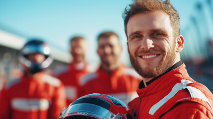 Smiling Racecar Driver Holding Helmet with Team in Background on Sunny Day