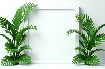 Obraz premium 3D palm leaves located with a frame, green on a white background, monochrome, a place for text in the center.