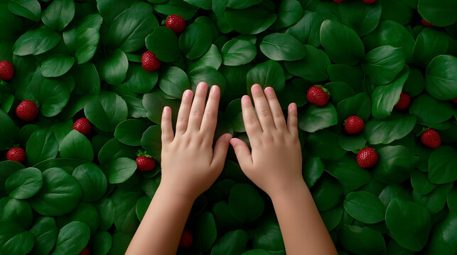 Small hands exploring strawberry plants in a lush green garden. Soft leaves and fresh berries create a scene of childhood curiosity, nature connection, and sensory experience. - Powered by Adobe