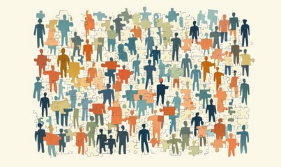 Conceptual illustration of diverse people as puzzle pieces, showcasing unity and collaboration in a colorful design with a warm background