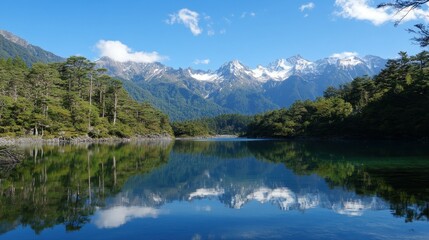 Fototapeta premium A tranquil lake with crystal-clear water reflects the majestic snow-capped mountain range and lush pine forest under a bright blue sky