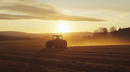 Fototapeta premium A tractor working in a field at sunset, creating a picturesque rural scene.