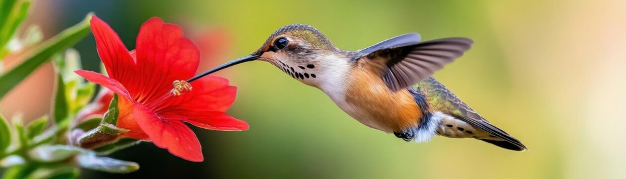 Hummingbird hovering and sucking nectar from red flower