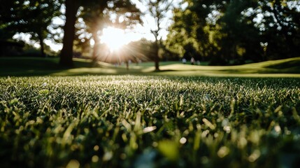 A blurred background image of a grassy field in a picturesque suburban park