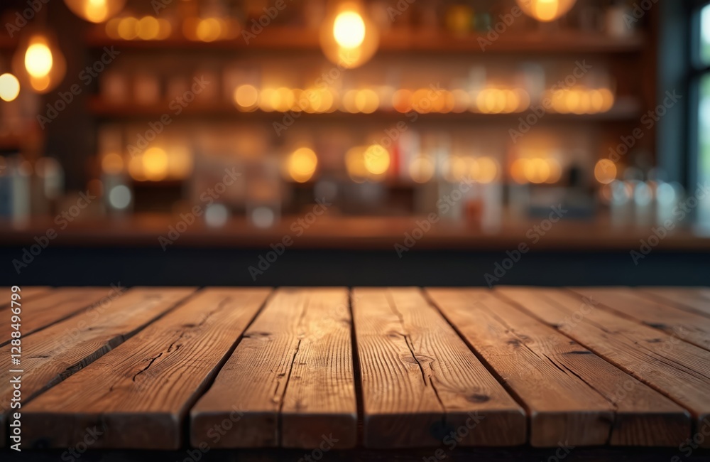 Aufkleber Empty wooden table top with blurred bar background featuring bokeh lights. Rustic plank tabletop in dark interior, ideal for product montage, showcase in cafes, restaurants. Vintage wood counter
