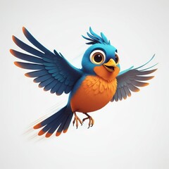 Obraz premium A cheerful cartoon bird with bright blue and orange feathers flies on outstretched wings