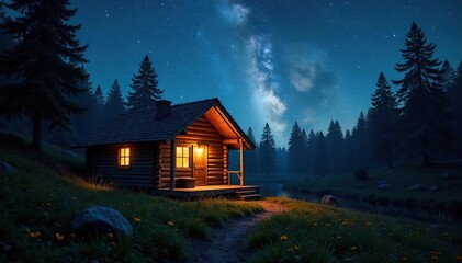 Cabin under starry sky with wooden planks glowing from inside, forest, glow, cabin