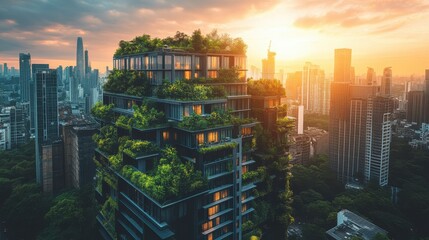 Obraz premium Futuristic eco-city with sustainable tech solutions, green rooftops, solar panels, energy-efficient skyscrapers, blending nature with urban innovation