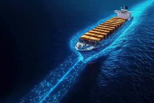 In the dead of night, a cargo ship traverses the open sea, bright blue network lines surrounding it and symbolizing cuttingedge maritime communication and navigation systems