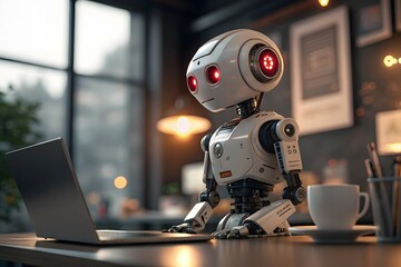 Advanced Robot Working on Laptop in Modern Office 