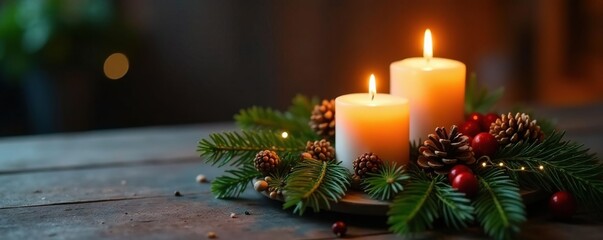 Candlelit table centerpiece with evergreen branches and pinecones, natural elements, festive, pinecone