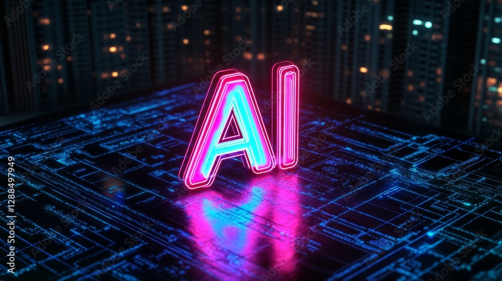 Poster neon glowing ai letters on digital circuit board in futuristic server room, technology and innovatio