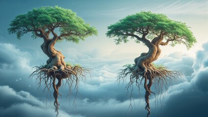 Two majestic trees float in a dreamlike sky, their twisted roots visible as they cling to the clouds. The background features soft hues of morning light, creating a serene atmosphere