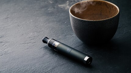 Vaping device on a smooth black surface next to a sleek ceramic cup. Featuring modern design and minimalism