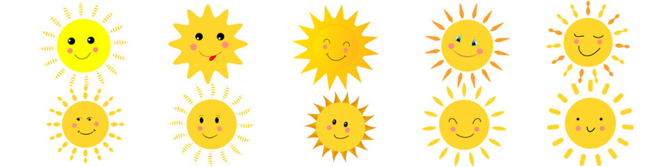 Cute sun vector. set illustration. Cartoon sunshine, sunshine vector. Suns funny smiling faces. Sun yellow emoji and  weather