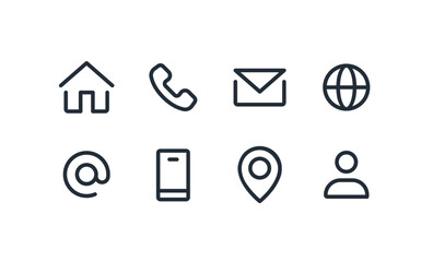 Contact Icons Set: Home, Phone, Mobile, Email, Address, Location, Website, Globe, – Vector Collection. Contact Us Linear Vector icons.