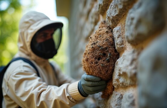Pro in protective suit carefully removes wasp nest attached to house stone wall. Specialist exterminates bees outdoors. Pest control service for residential area, ensuring home safety against insects.