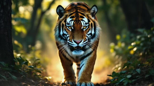 Tigre avanza con mirada feroz por la selva iluminada, rodeado de vegetaci&oacute;n y luz dorada.