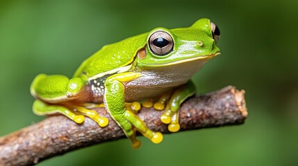 Obraz premium Żaba drzewna jawajska siedząca na gałęzi, żaba latająca na gałęzi, żaba drzewna na gałęzi