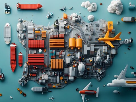 Aerial satellite view highlighting the sprawling logistics landscape from massive warehouse complexes and seaports to highways railways and airways that weave together the global supply chain