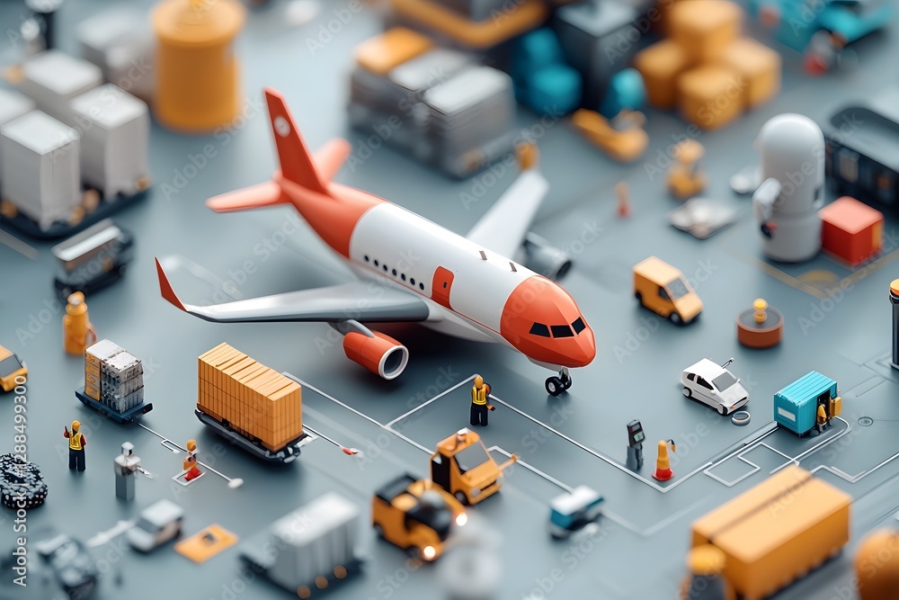 Poster aerial view of a bustling logistics hub where workers harness predictive algorithms and iot sensors 