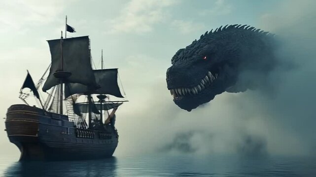 Scene of a giant monster in the ocean facing a pirate ship, smooth repeating motion for background video animation