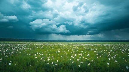 Fototapeta premium Storm clouds over flower field during day. Background forest, rain falling. Nature background