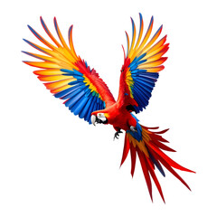 Fototapeta premium Scarlet macaw in flight with vibrant blue, red, and yellow feathers isolated on transparent background