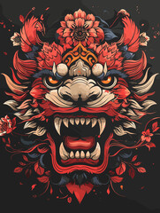 Dragon with red and blue colors and a flower on its head. The dragon has a menacing look and is surrounded by red and blue flowers