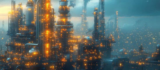 Fototapeta premium Futuristic Industrial Cityscape with Illuminated Skyscrapers and Smoky Atmosphere at Dusk