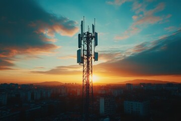 3G 4G 5G Telecommunication Tower at Sunset: Antenna, BTS, and Mobile Communication Technology Concept