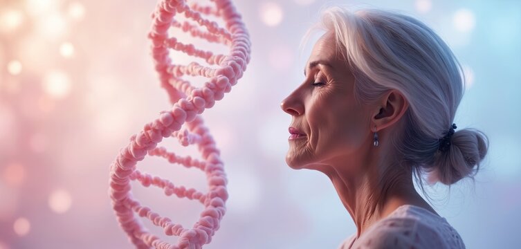 Profile portrait of senior woman with closed eyes. DNA double helix structure in gentle pastel background. Concept of genetic research, biotech ageing, anti-age, gerontology science, skin care,