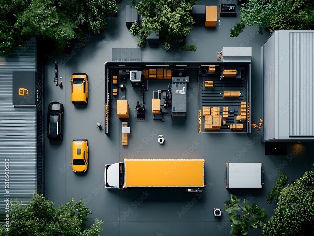 Poster aerial view of a sprawling technologically advanced fulfillment hub with a network of autonomous mac
