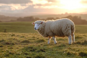 Fototapeta premium Sheep standing in a sunlit field at dawn, with mountain backdrop and clear sky